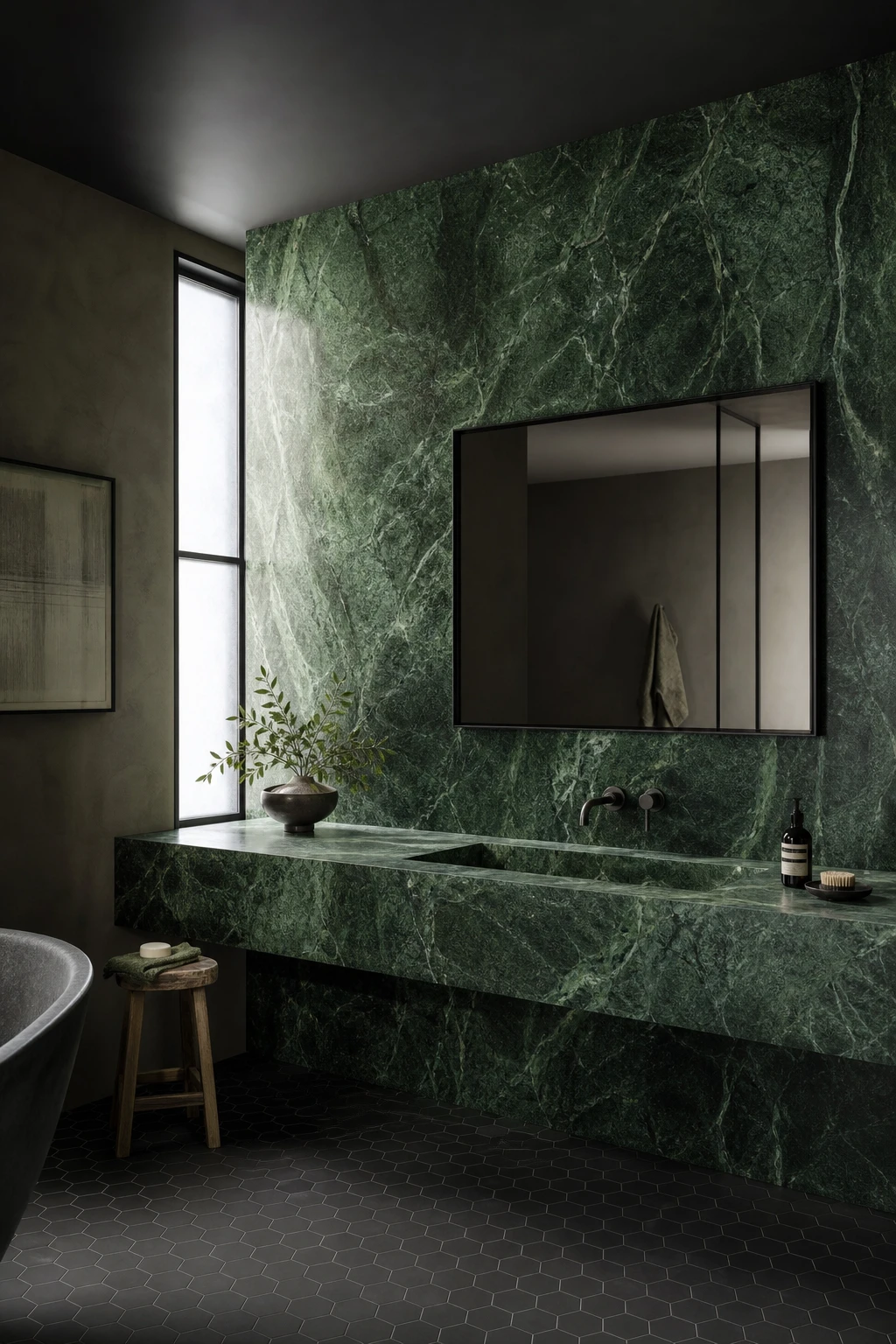 Green and black bathroom with green marble slab walls as hero, black fixtures, matte black floor tiles, and Farrow and Ball Tar painted ceiling