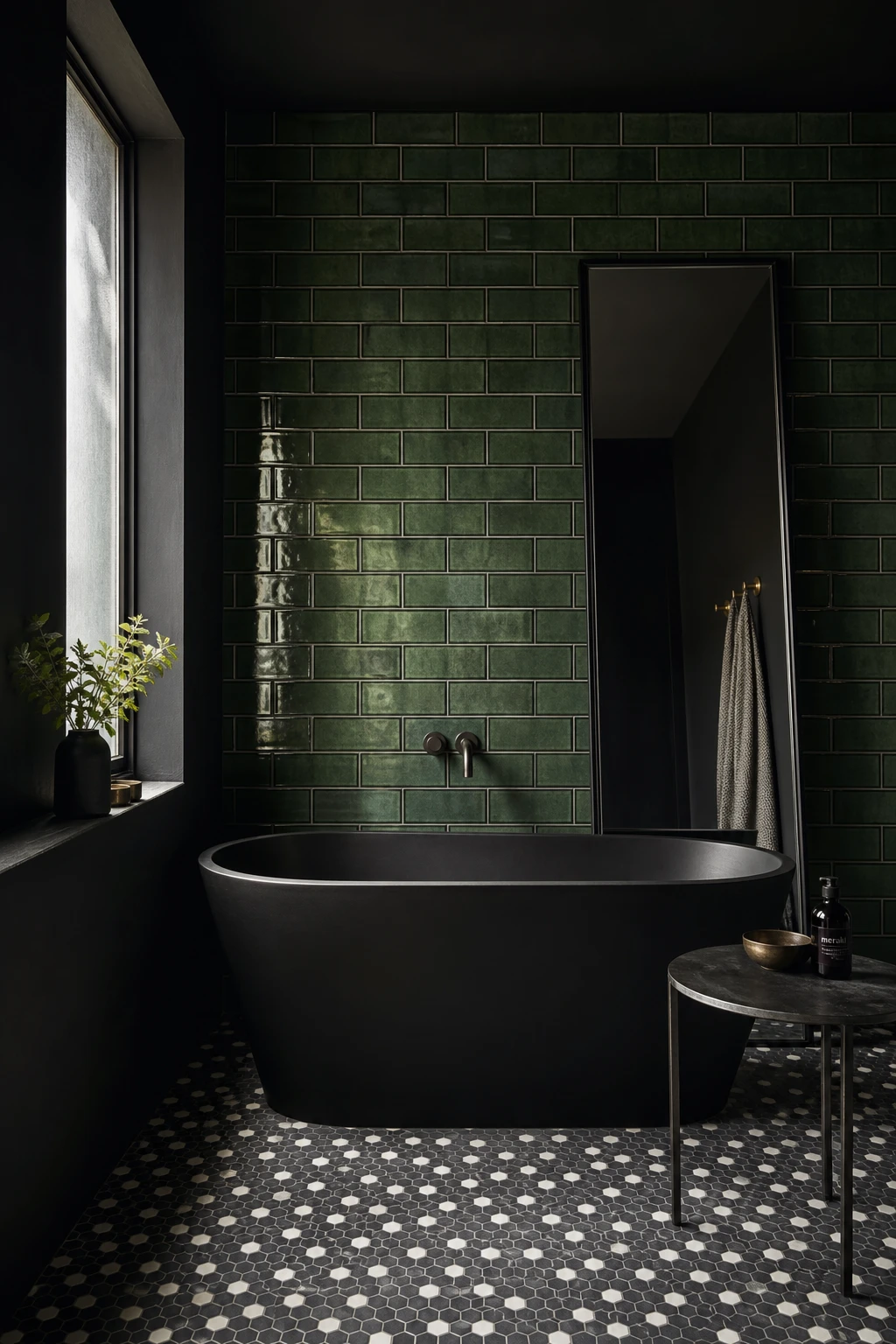 Green and black bathroom with green subway tile hero wall, black grout, matte black fixtures, dark painted ceiling and mosaic floor in a bold classic scheme