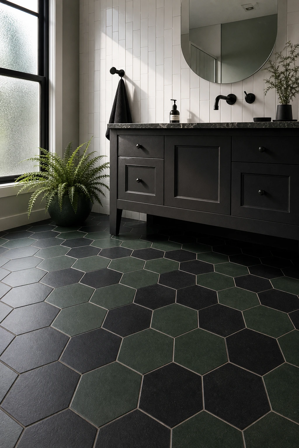 Green and black bathroom with hexagon floor tiles as the hero, matte black fixtures, subway wall tiles, and Farrow and Ball Grate Black painted vanity