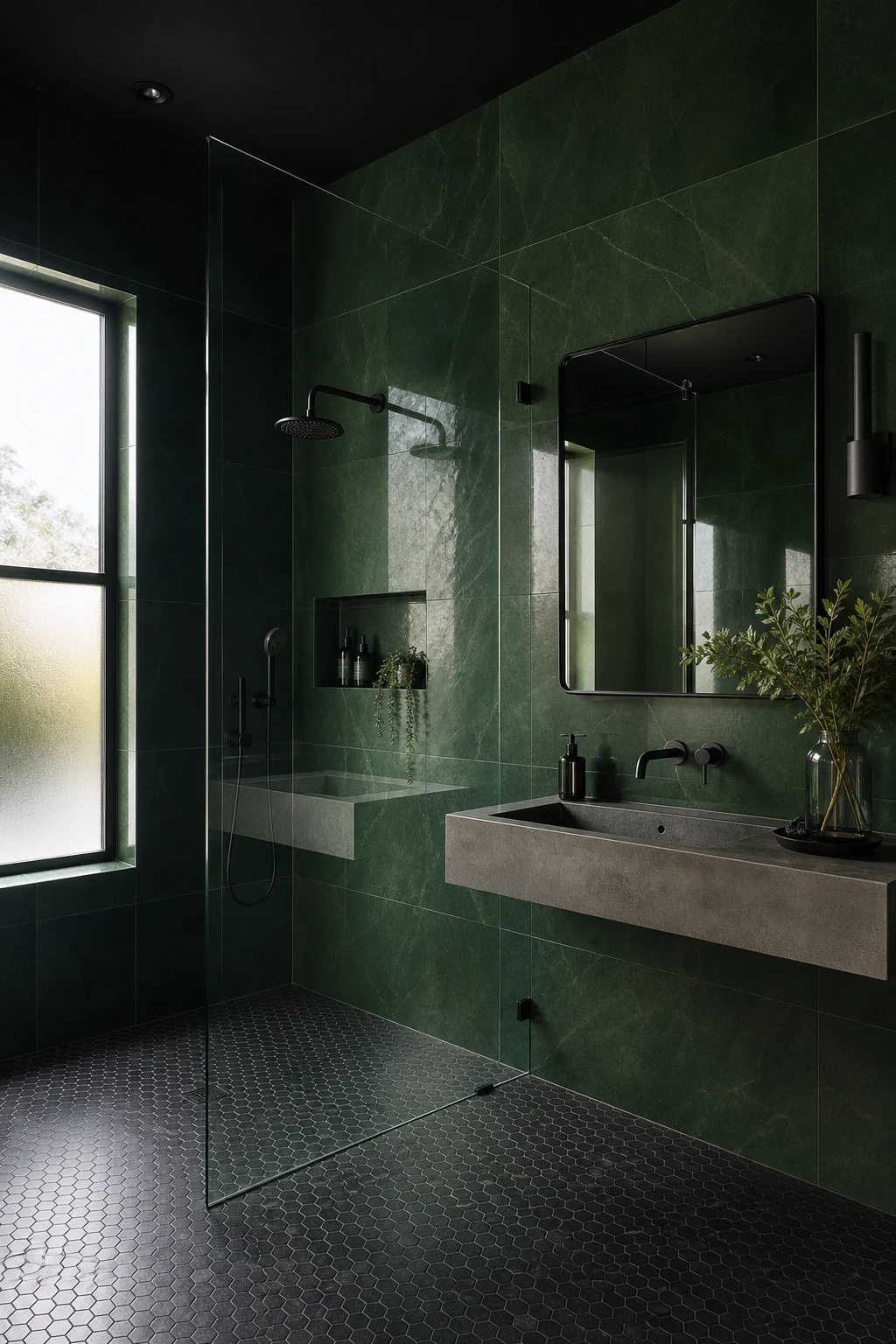 Green and black bathroom with large format dark green tiles as hero, black fixtures, frameless glass shower, mosaic floor, and Farrow and Ball Pitch Black painted ceiling