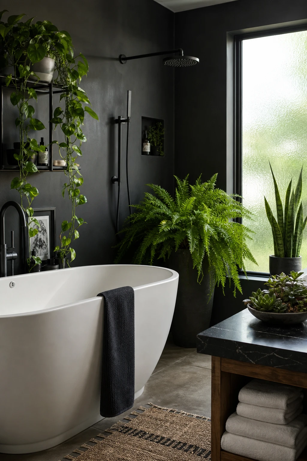 Green and black bathroom with lush plants as hero, black fixtures, fern on shelf, trailing pothos near tub, Farrow and Ball Grate Black walls, natural light