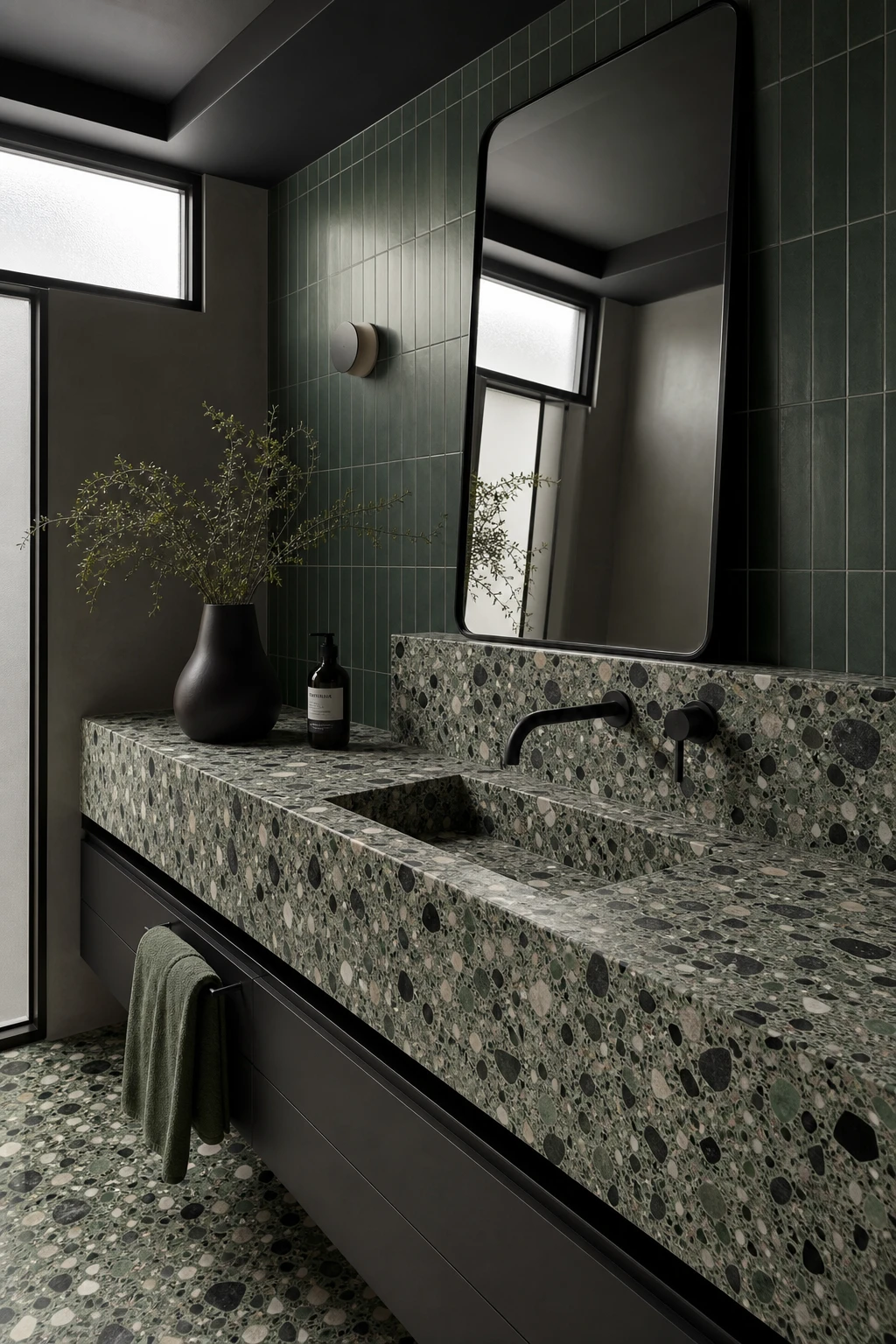 Green and black bathroom with terrazzo surface hero, black fixtures, mossy green walls in Farrow and Ball Off Black, natural light, magazine quality