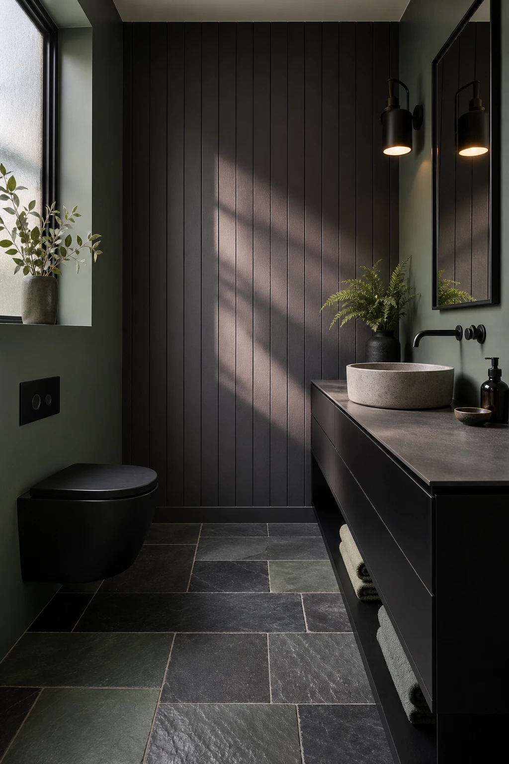 Green and black bathroom with three tone palette of sage green walls, charcoal grey vanity and matte black fixtures under warm morning light