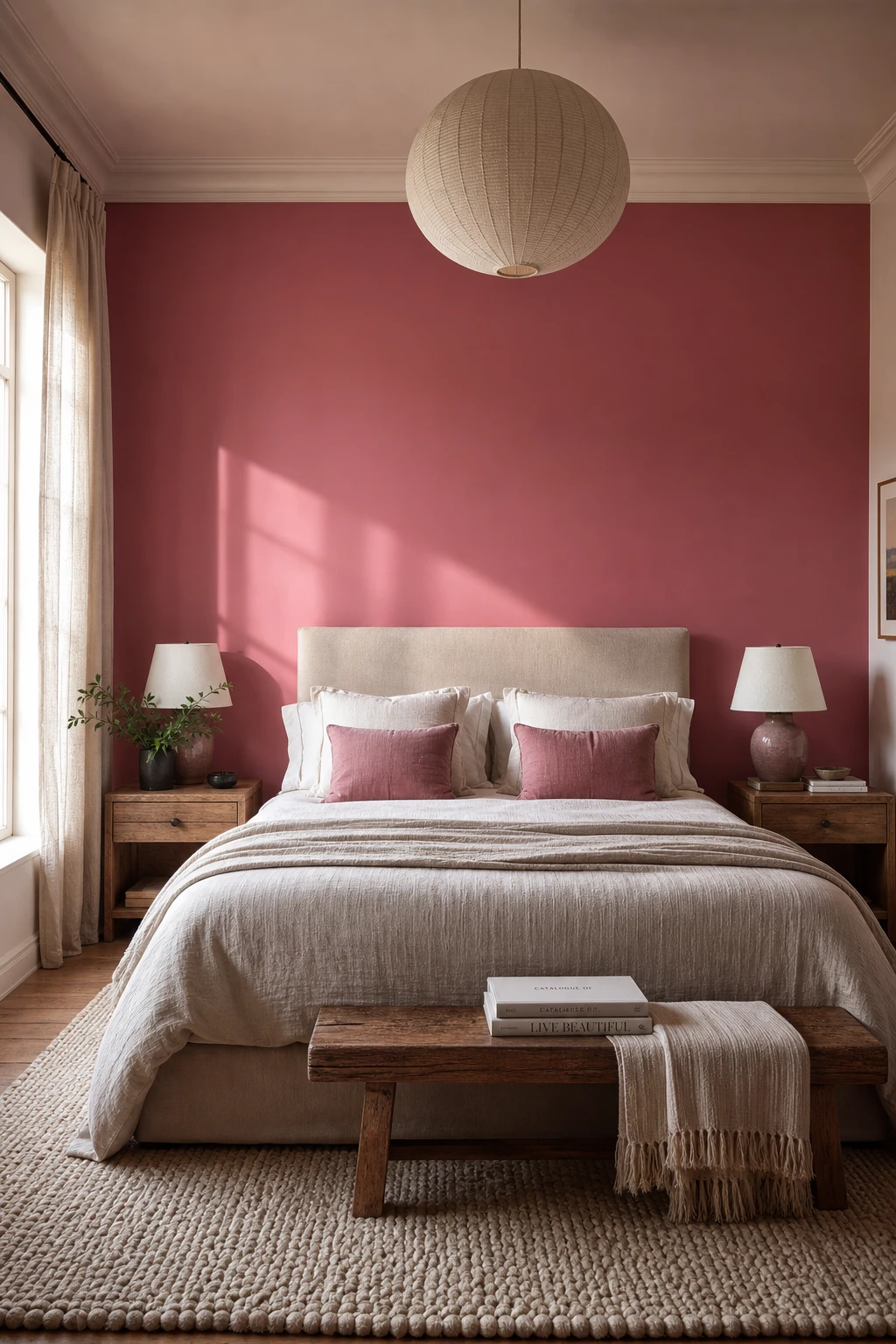 Hot pink accent wall painted Farrow and Ball Dutch Pink behind a bed headboard in a contemporary bedroom with natural linen and warm timber details
