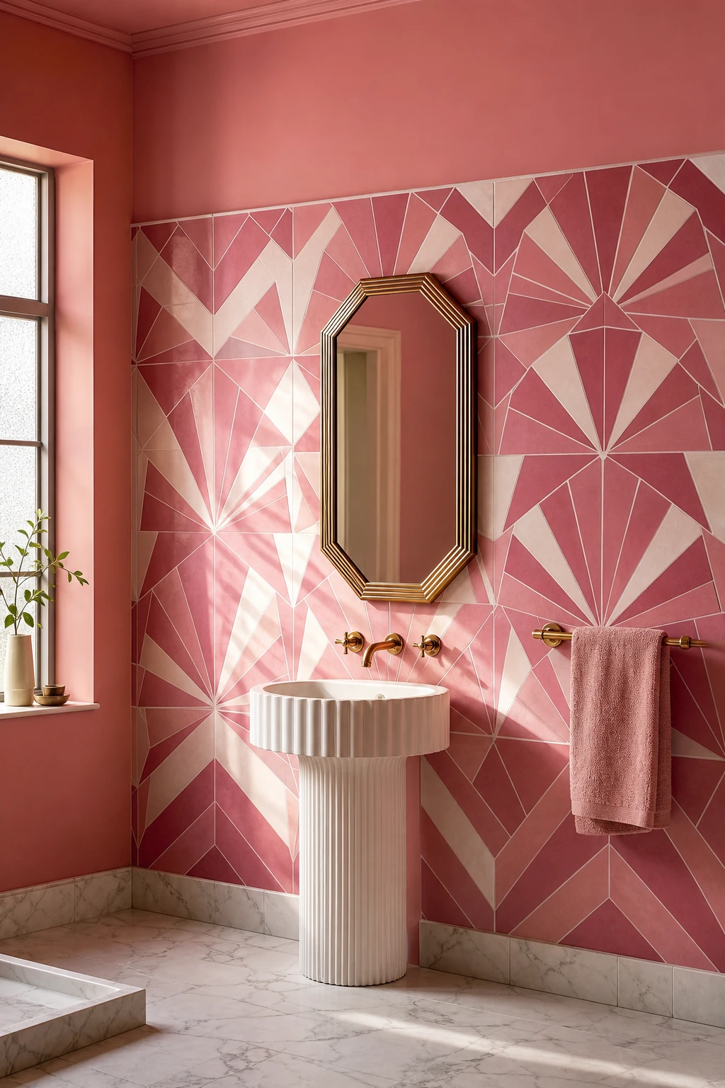 Hot pink Art Deco geometric tiles covering a bathroom wall with Farrow and Ball Pink Ground paint on upper walls, gold fixtures and bold symmetrical patterns