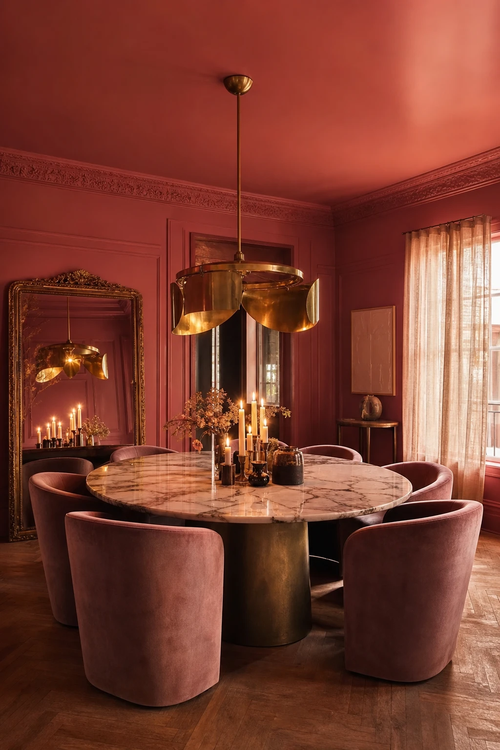 Hot pink dining room with Farrow and Ball Middleton Pink walls, bold pendant lighting, a round table and upholstered chairs glowing in warm evening light