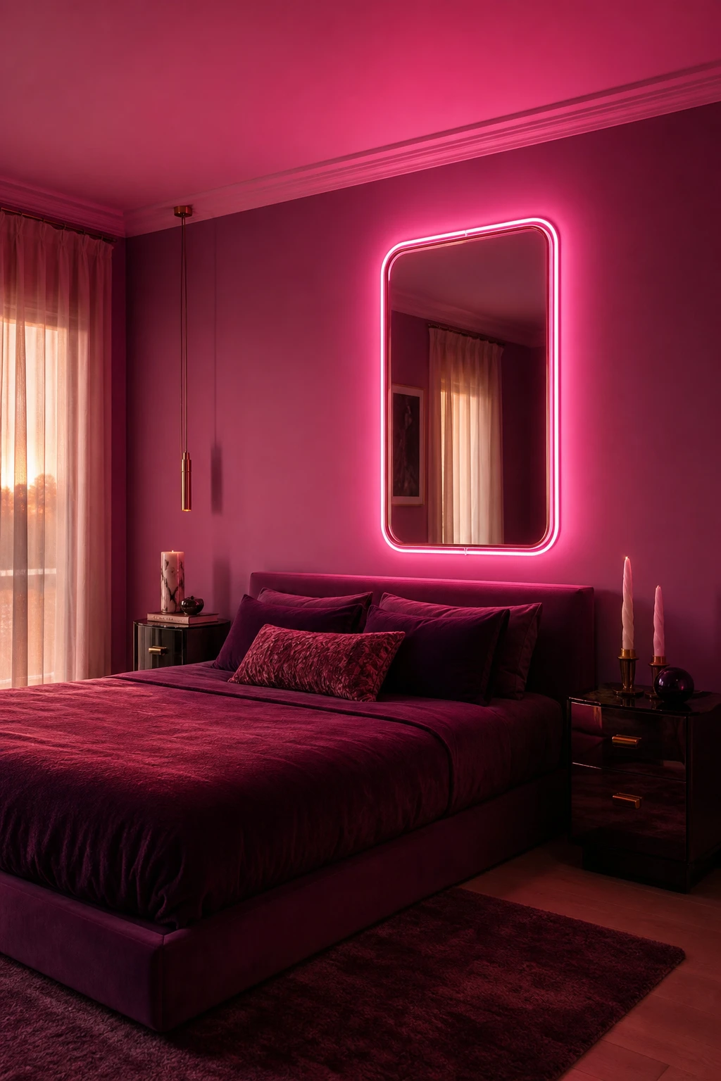 Hot pink interior bedroom with a neon pink mirror as the hero glowing against Farrow and Ball Calluna walls at dusk with plush velvet and brass accents