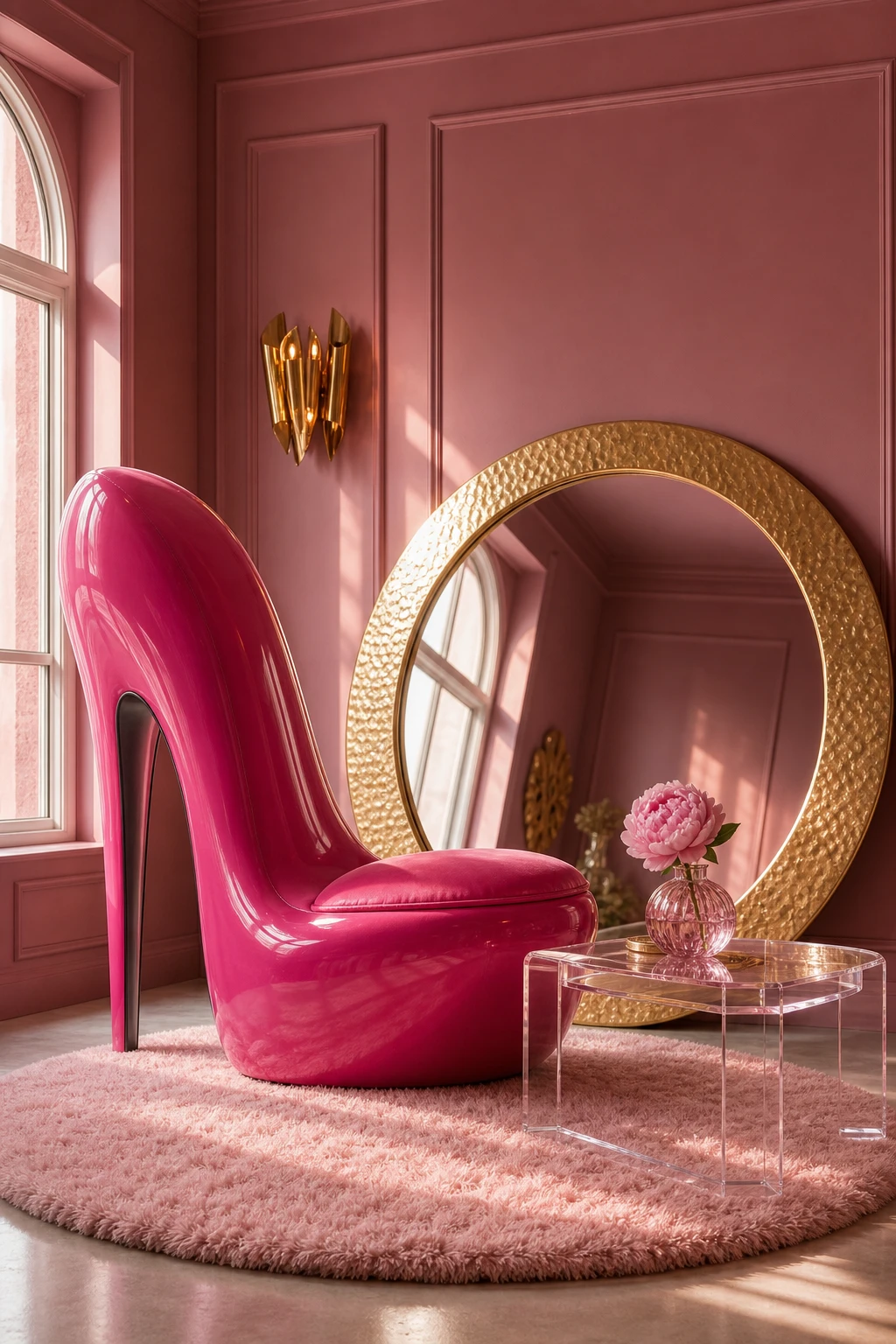 Hot pink interior design featuring a sculptural high heel chair as the hero against Farrow and Ball Shallot painted walls with maximalist pink accents
