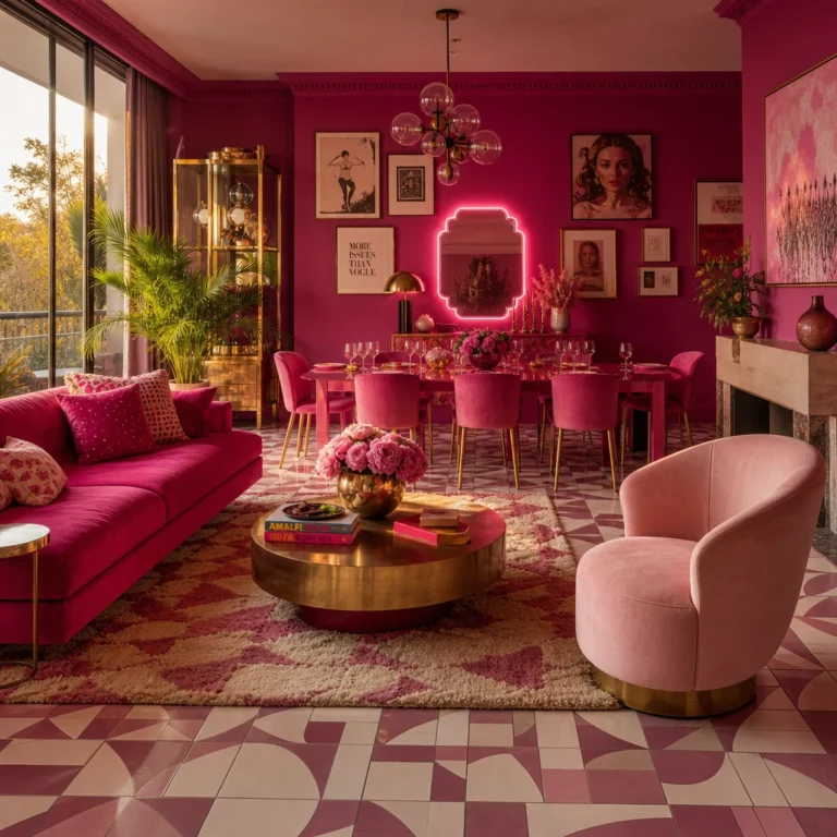 Hot pink interior design open plan living and dining room with fuchsia velvet sofa, curved blush armchair, lacquered dining table, Art Deco floor tiles, and a glowing pink neon mirror in warm afternoon light.