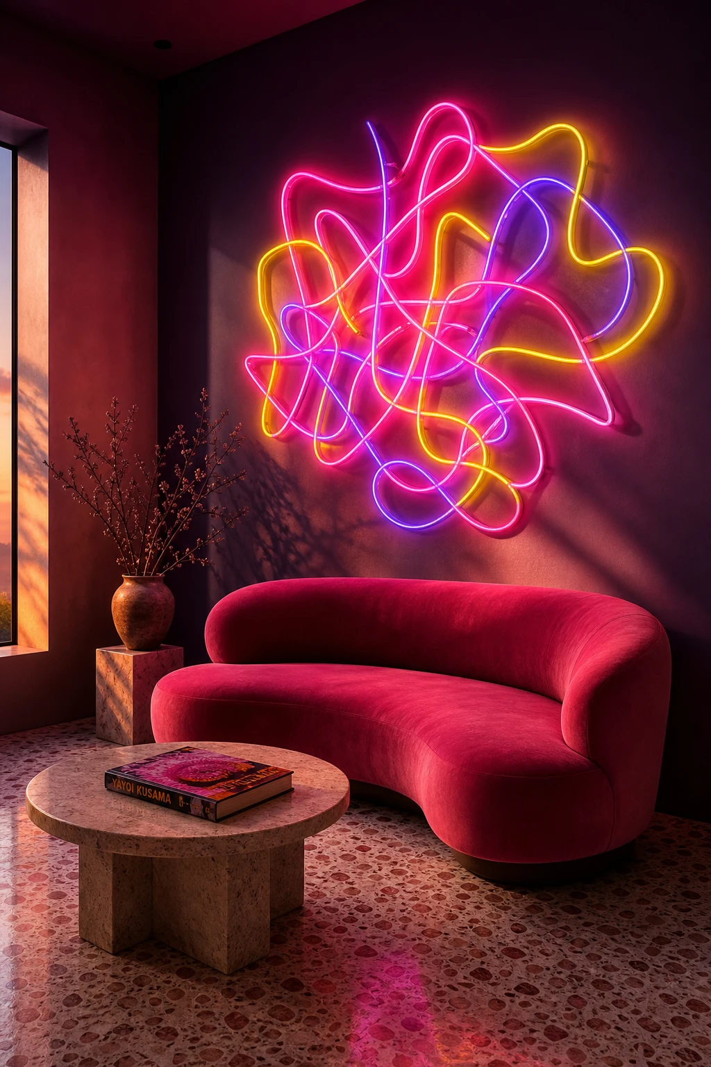 Hot pink interior design lounge with abstract neon art sculpture glowing on an Imperial Purple accent wall beside deep pink velvet seating and terrazzo flooring