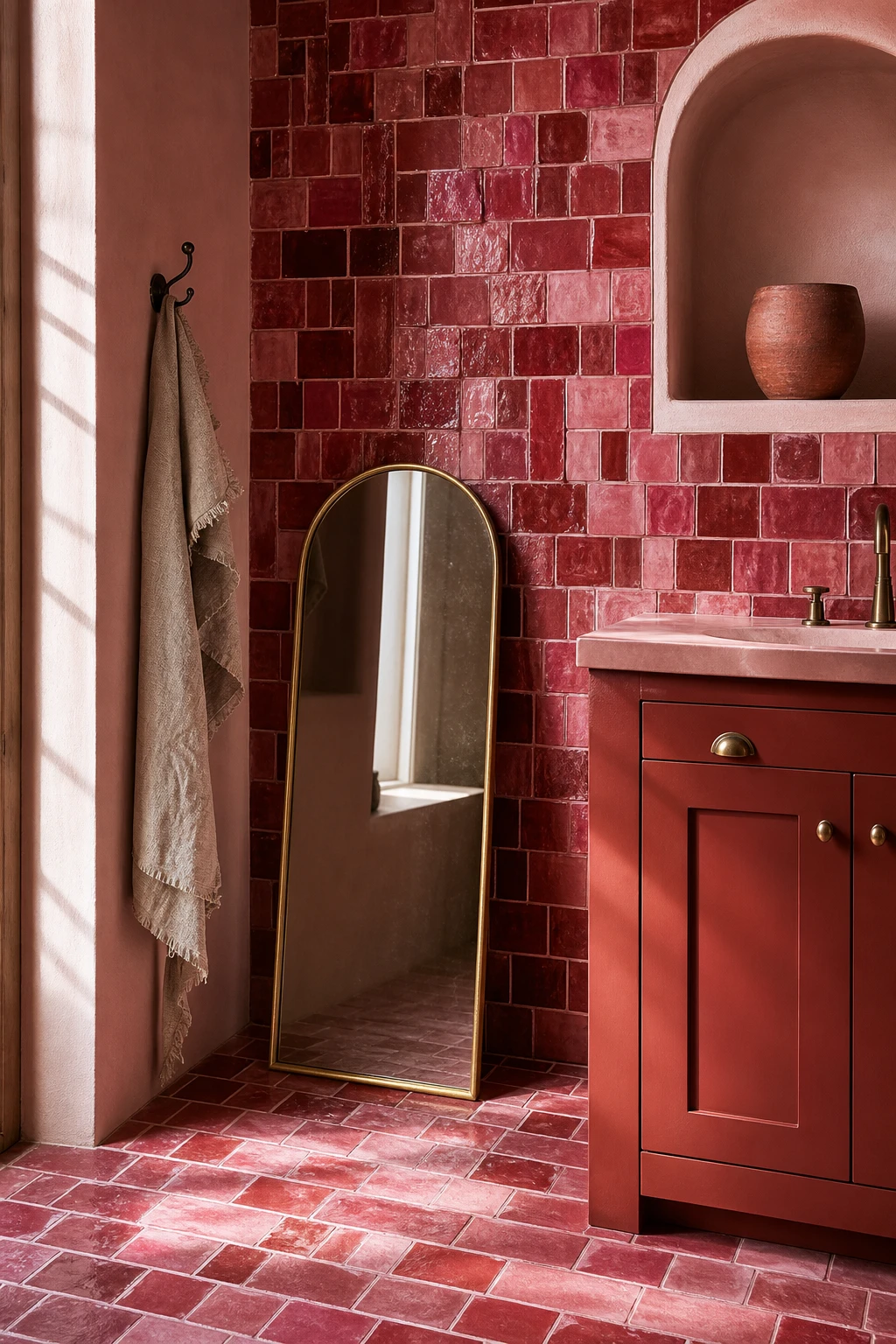 Hot pink interior with red and pink tile mix on walls and floor, bold warm tones, Farrow and Ball Harissa painted cabinetry, magazine quality interior photography