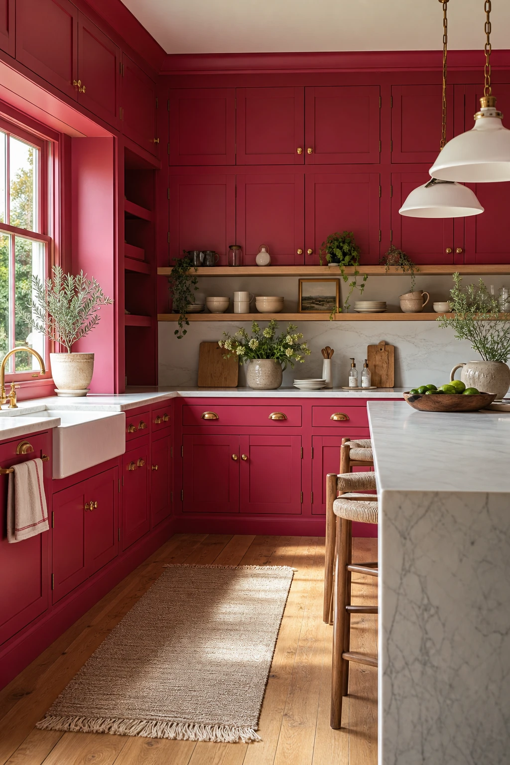 Hot pink kitchen with bold pink cabinetry as hero, brass hardware, marble countertops, open shelving, and warm afternoon light flooding through a window