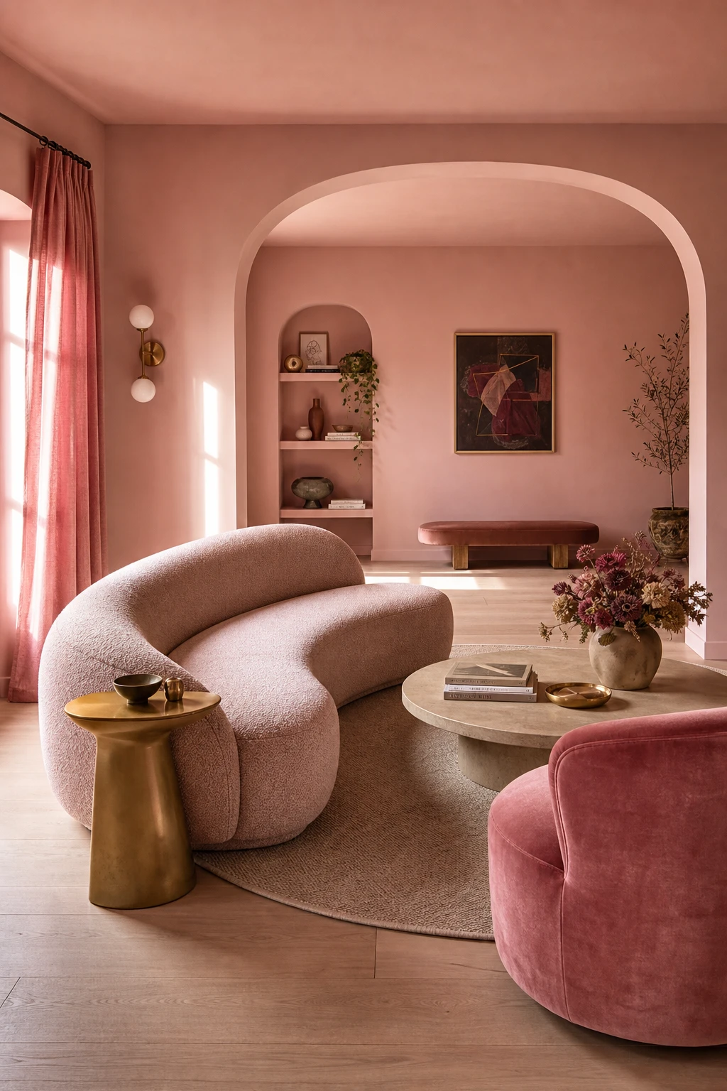 Hot pink living room with curved sofa and armchair, rounded side table, arched doorway, and Farrow and Ball Scallop pink walls in soft natural light