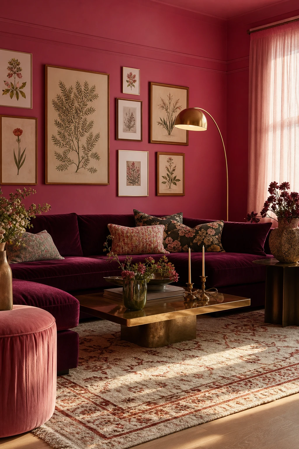 Hot pink living room with full pink walls painted in Farrow and Ball Rangwali, velvet sofa, brass floor lamp, woven rug and gallery wall