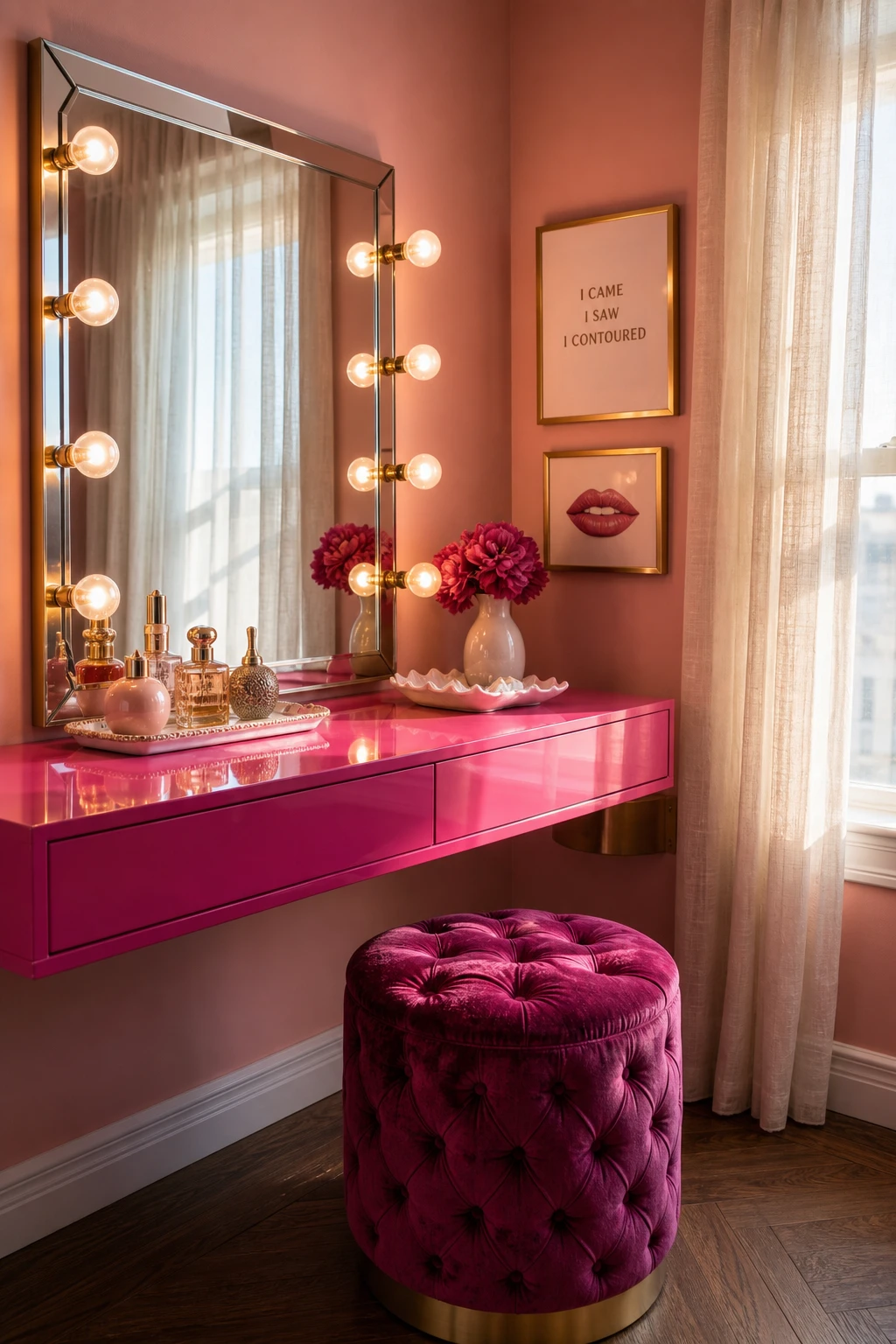 Hot pink makeup vanity station in a bold pink interior with Hollywood bulb mirror, velvet stool, and Farrow and Ball Nancys Blushes painted walls