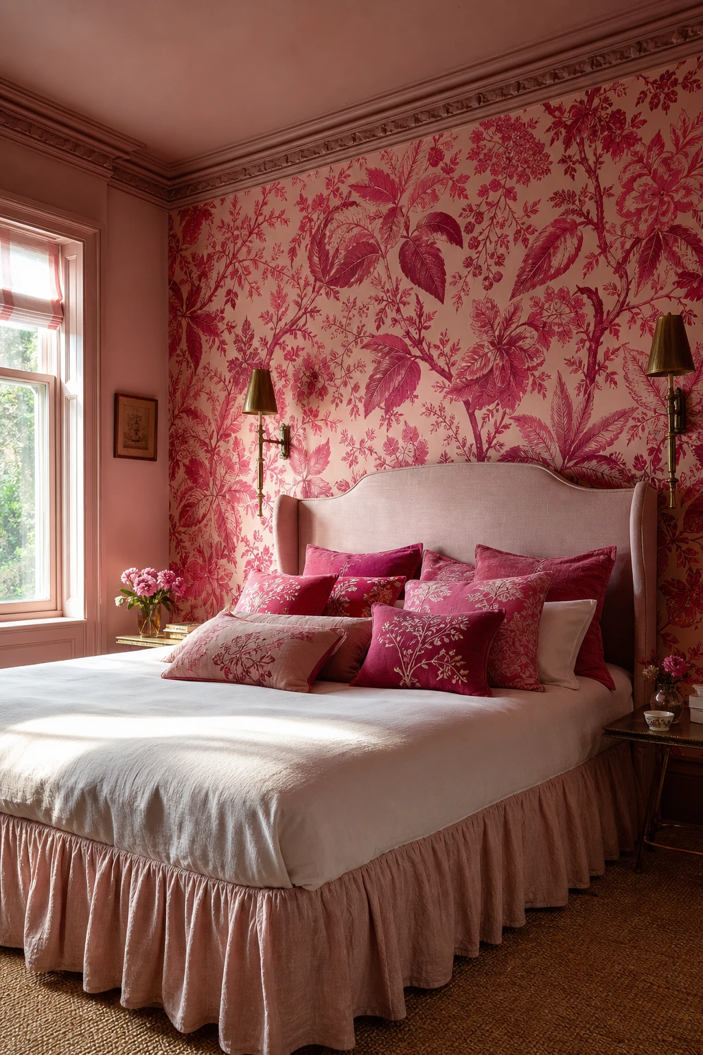 Hot pink patterned wallpaper covers a bedroom feature wall with Farrow and Ball Cinder Rose trim, bold botanical motifs, brass sconces and layered pink textiles