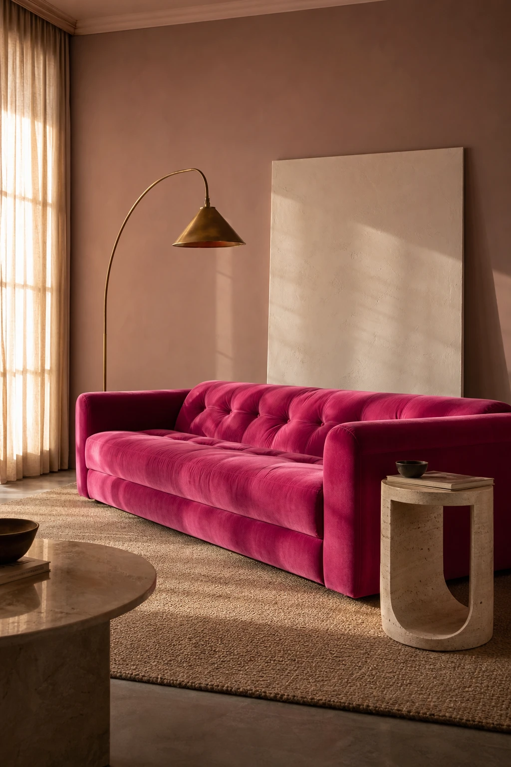 Hot pink velvet sofa as the hero in a calm living room with warm afternoon light, neutral walls in Farrow and Ball Tailor Tack and soft layered textiles