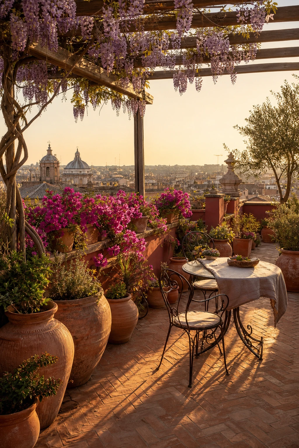 Italian rooftop terrace with rustic terracotta garden decor, layered pots, trailing vines, wrought iron furniture and Farrow and Ball Singed Red painted parapet walls