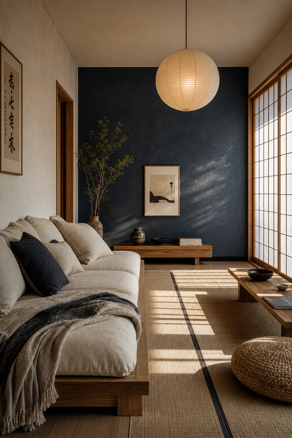 Japandi coastal living room with Hague Blue navy accent wall, low timber sofa, washi paper pendant, tatami mat and shoji screen panel in soft natural light