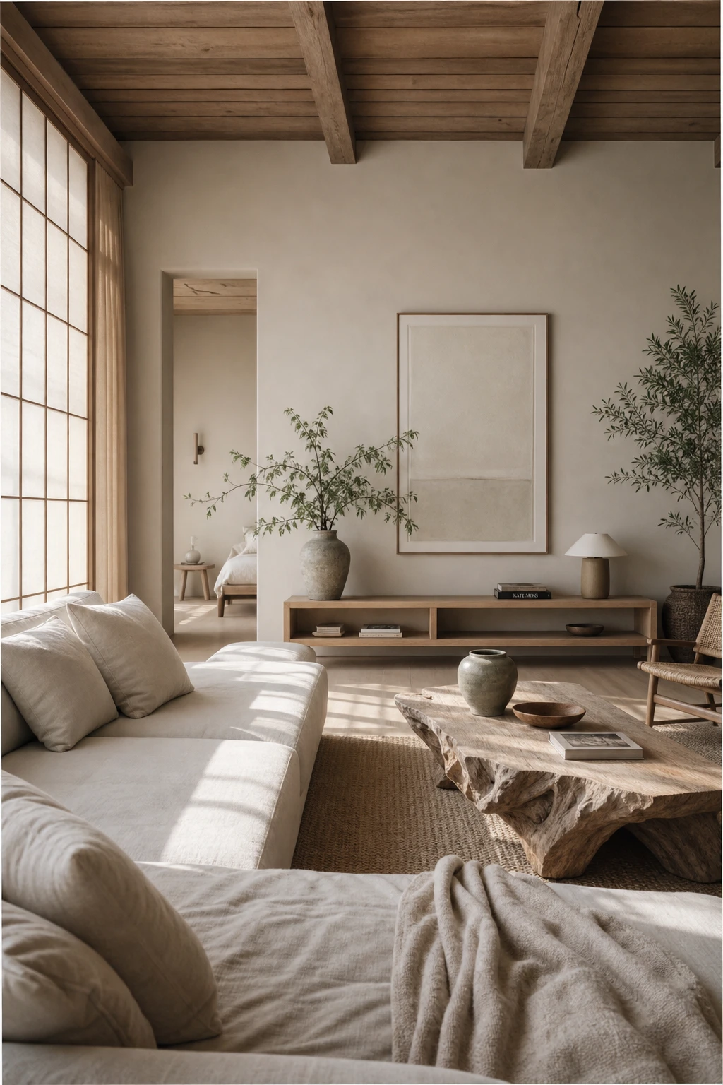 Japandi coastal living room with low profile sofa, woven textures, driftwood coffee table, shoji inspired screens and warm neutral walls in morning light