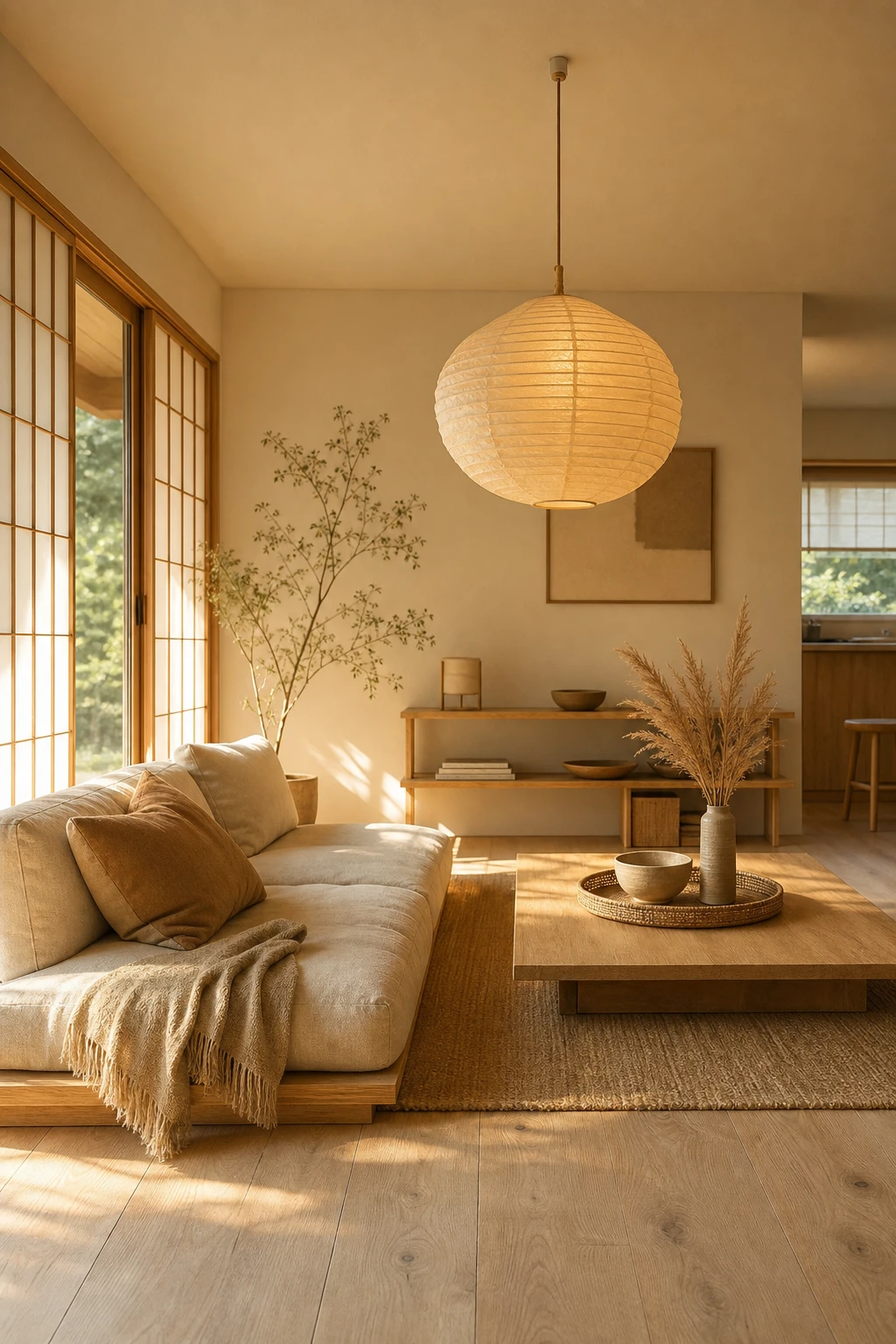 Japandi coastal living room with warm neutral tones, low timber sofa, washi paper pendant, linen cushions and rattan tray, bathed in soft afternoon light