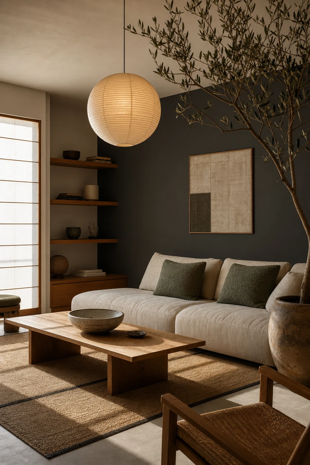 Japandi gray and green living room with Down Pipe feature wall, low profile sofa, washi paper pendant, rattan side table, and potted olive branch