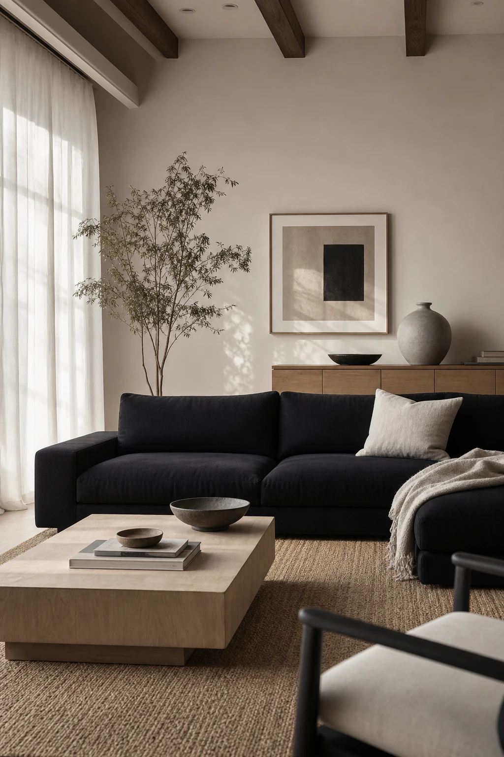 Japandi living room with a low black sofa as the focal point, natural wood furniture, woven textures, and warm white walls in a serene gray toned space