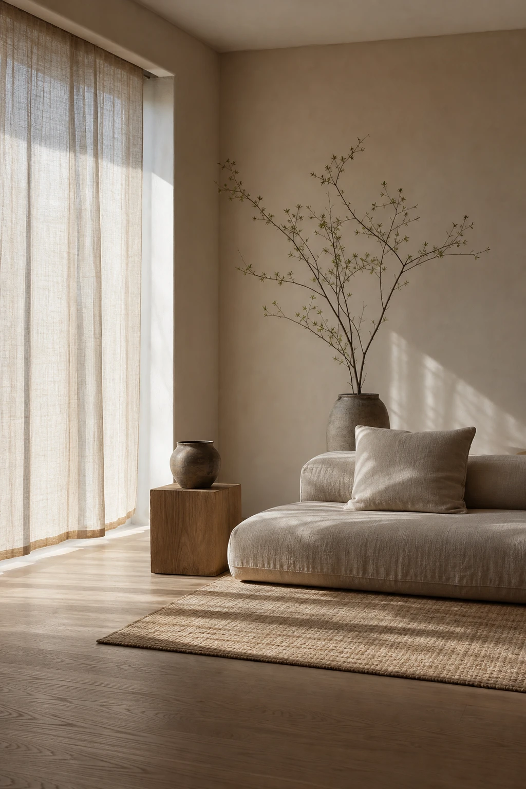 Japandi living room with earthy neutral tones, low profile furniture, wabi sabi ceramics, and Farrow & Ball Archive painted walls in warm natural light