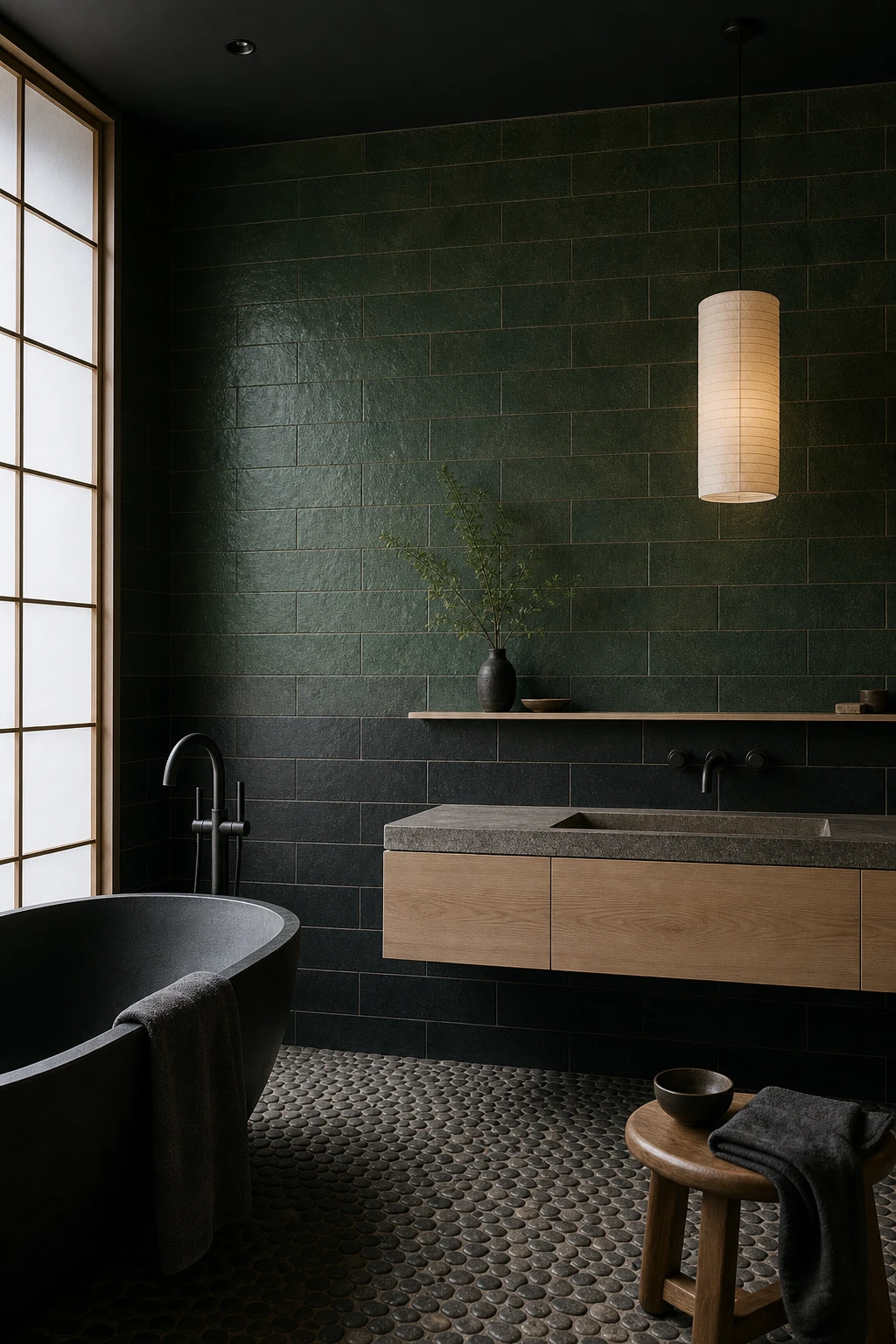 Japandi style green and black bathroom with textured ceramic tiles, a wall hung vanity, pebble floor, soaking tub, and natural light from a frosted window