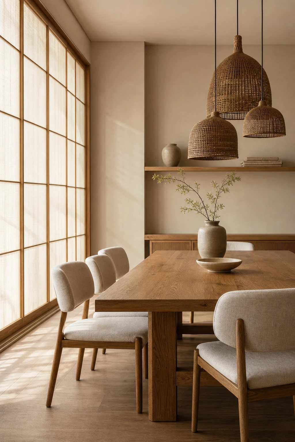 Japandi style modern neutral dining room with a warm stone wall, low profile oak table, woven pendants, and linen chairs in soft natural light