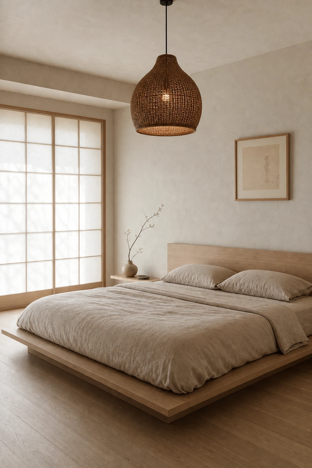 Japandi style white and brown bedroom with warm white walls, low platform bed, natural linen bedding, and rattan accents in soft morning light