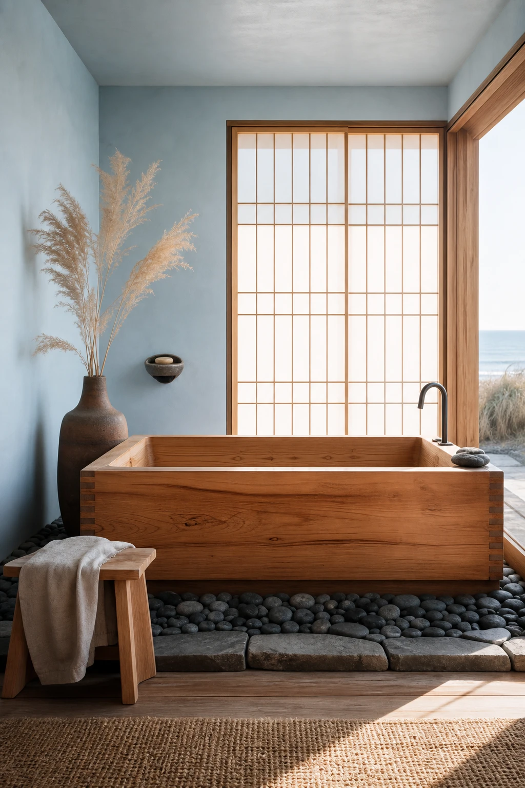 Japanese coastal bathroom with a deep cedar soaking tub as the focal point, pale blue walls, river stones, shoji screen, and soft morning light