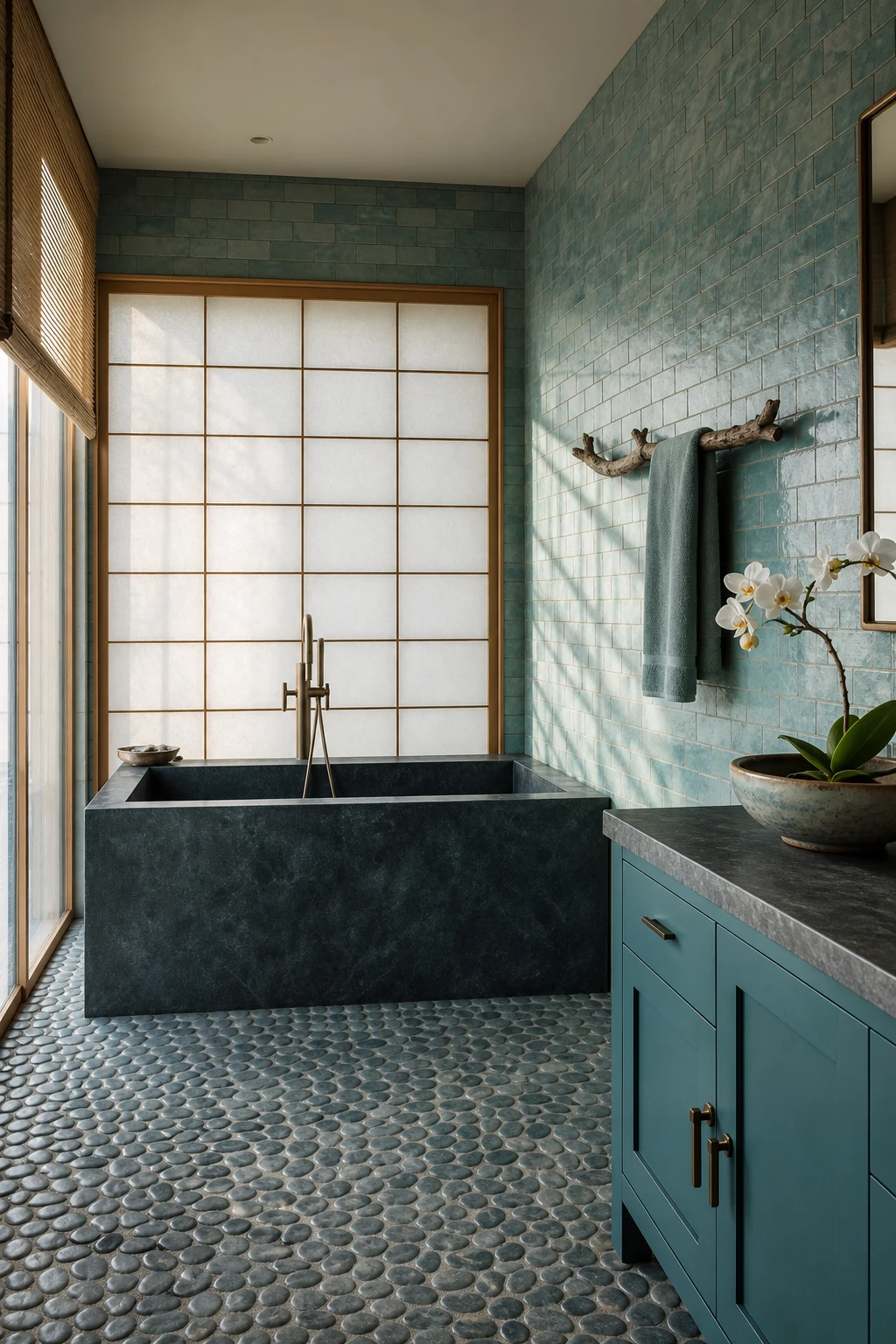 Japanese coastal bathroom with aqua tiled walls, deep soaking tub, shoji screen, pebble floor and Farrow & Ball Vardo painted vanity cabinet