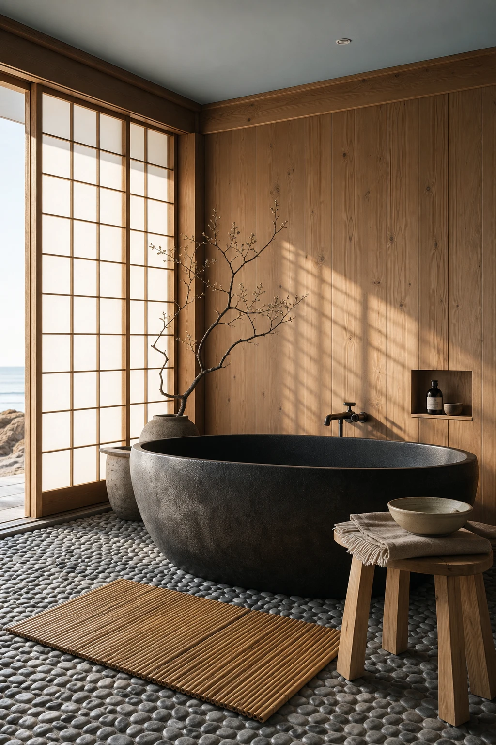 Japanese coastal bathroom with deep soaking tub, pebble floor, shoji screen window, timber walls and Farrow and Ball Pale Powder painted ceiling