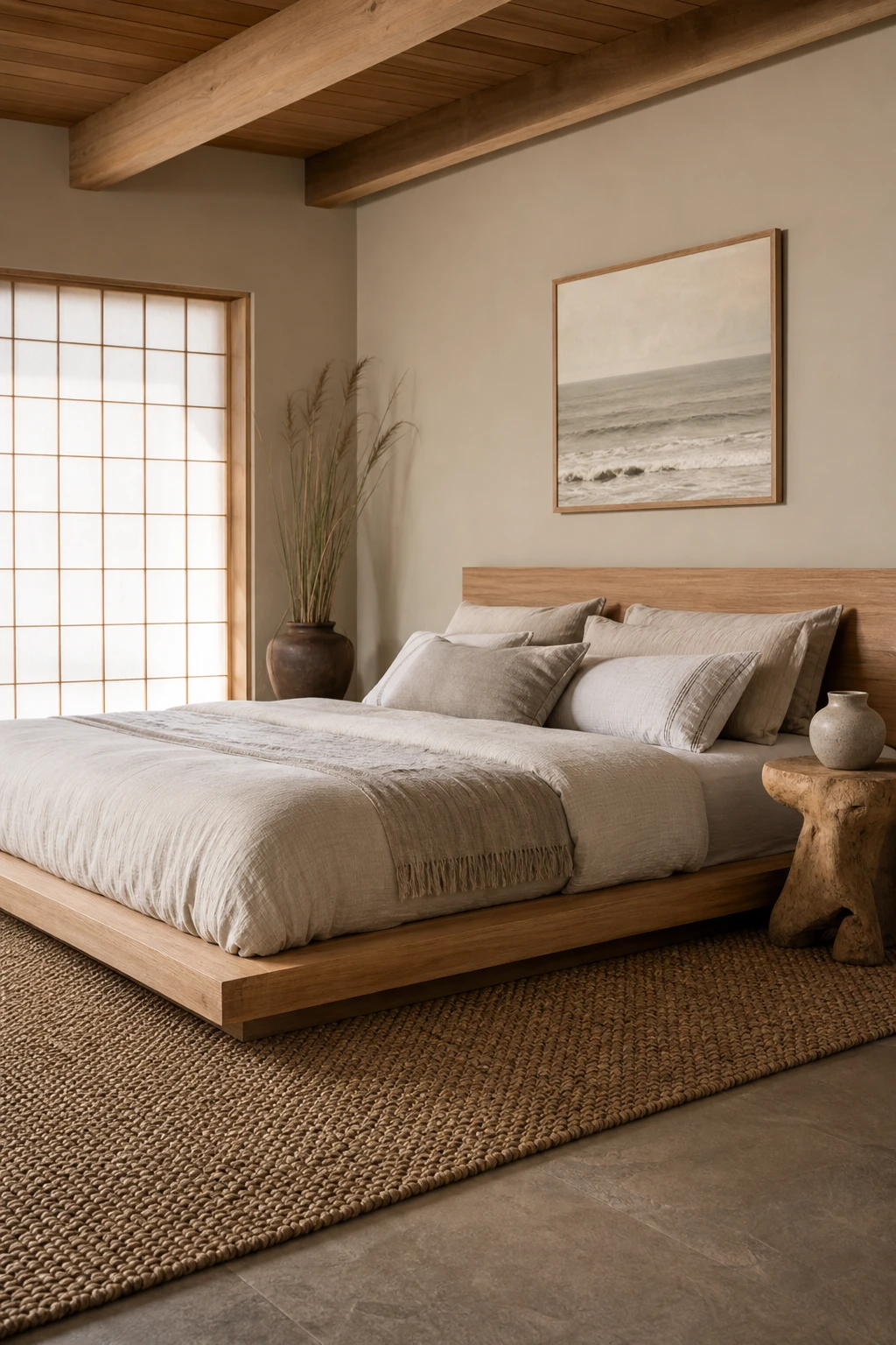 Japanese coastal bedroom with a low platform bed as the hero, shoji screen, woven grass rug, driftwood side table, and warm white walls in soft morning light