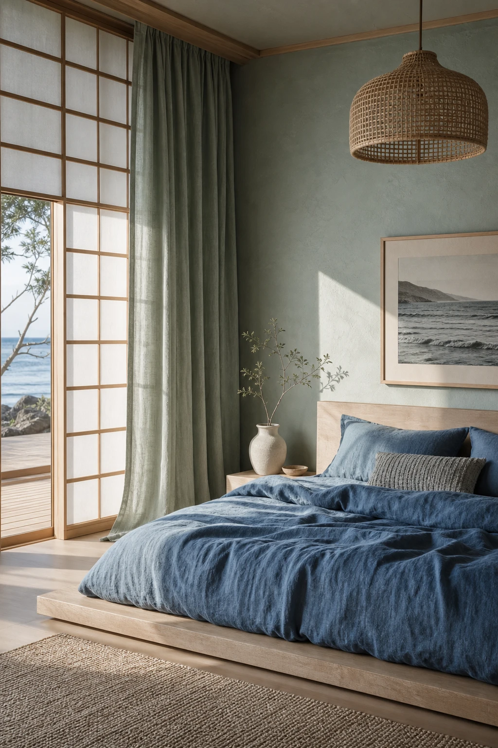 Japanese coastal bedroom with blue linen bedding and sage green walls, natural rattan furniture, shoji screen panels, and soft morning light