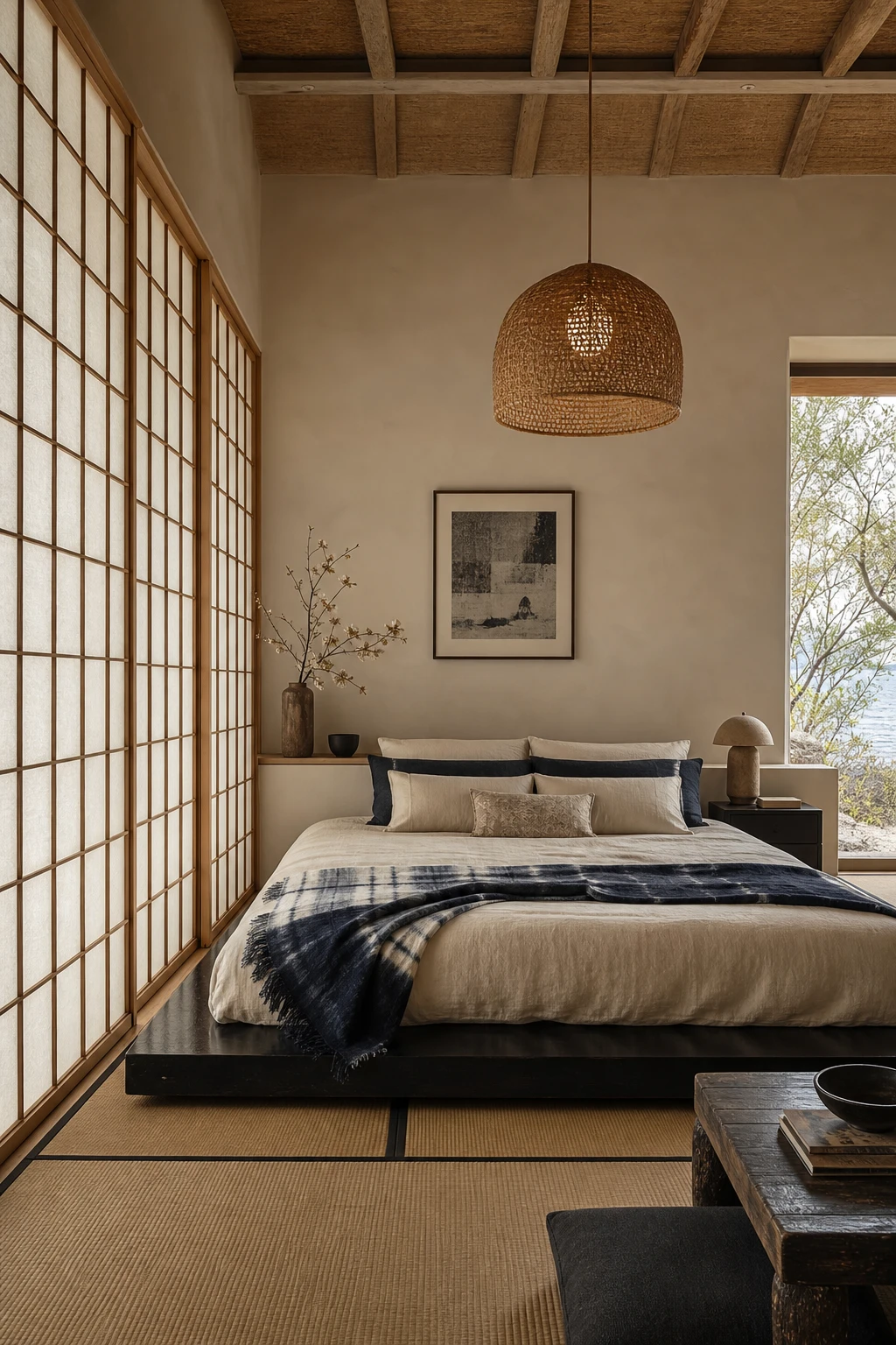 Japanese coastal bedroom with shoji screen, tatami mat floor, low platform bed, woven rattan pendant and Farrow & Ball Old White walls in warm natural light