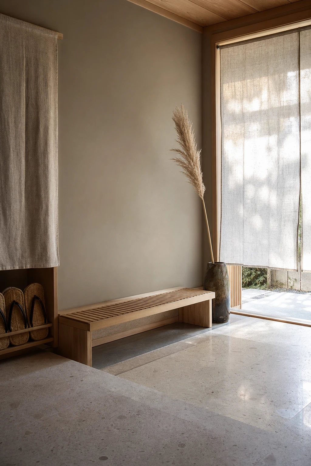 Japanese coastal entryway with a low timber bench, woven sandals, and warm neutral walls painted Farrow & Ball Elephants Breath in soft morning light
