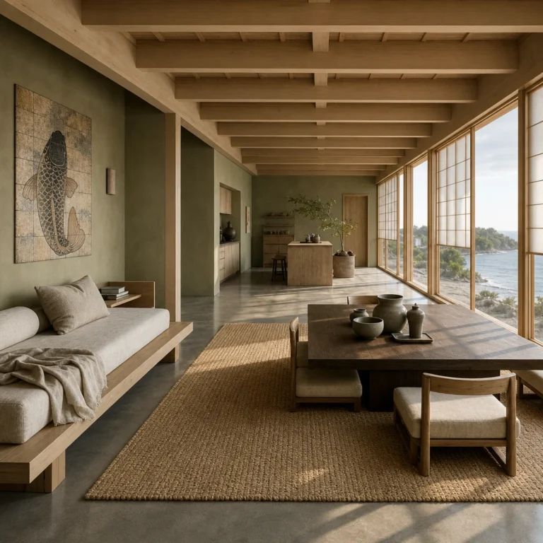Japanese coastal open-plan interior with sage limewashed walls, pale oak joinery, polished concrete floors, shoji glazing and a low platform day bed in warm late afternoon light.