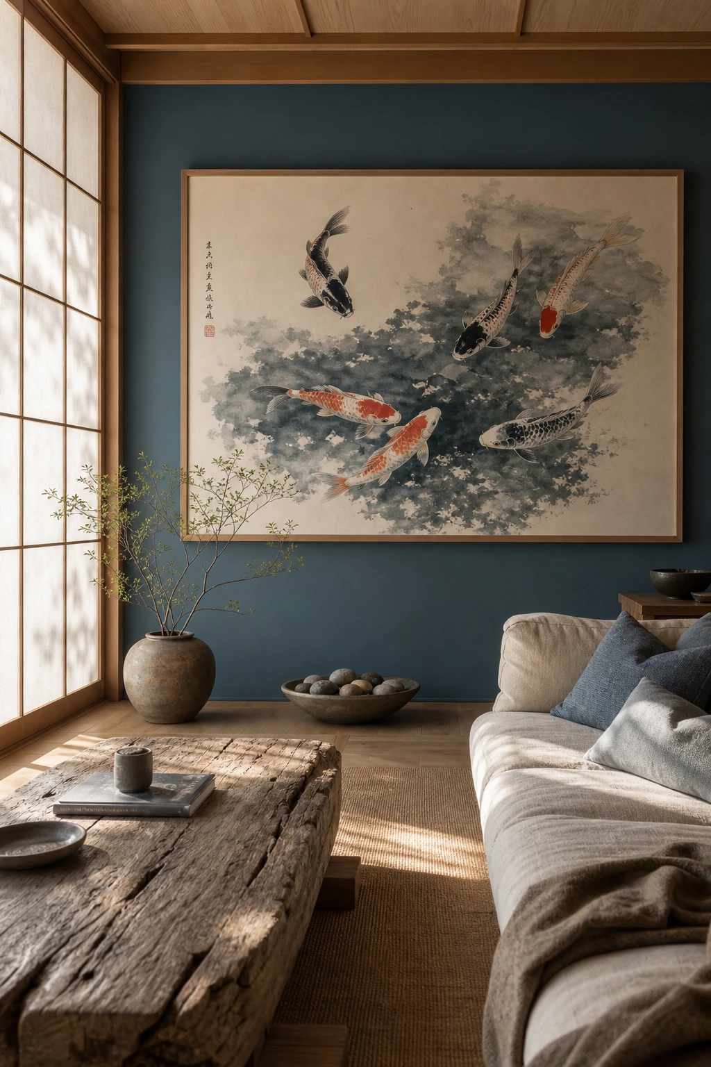 Japanese coastal interior with a large koi fish artwork as the focal point, linen sofa, shoji screen, driftwood coffee table and soft blue walls