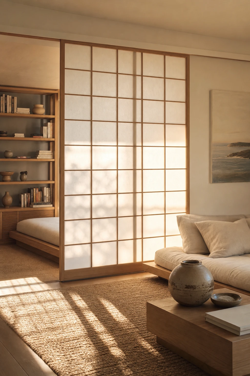Japanese coastal interior with a shoji screen as the hero room divider, warm afternoon light filtering through rice paper panels, Farrow and Ball White Tie walls