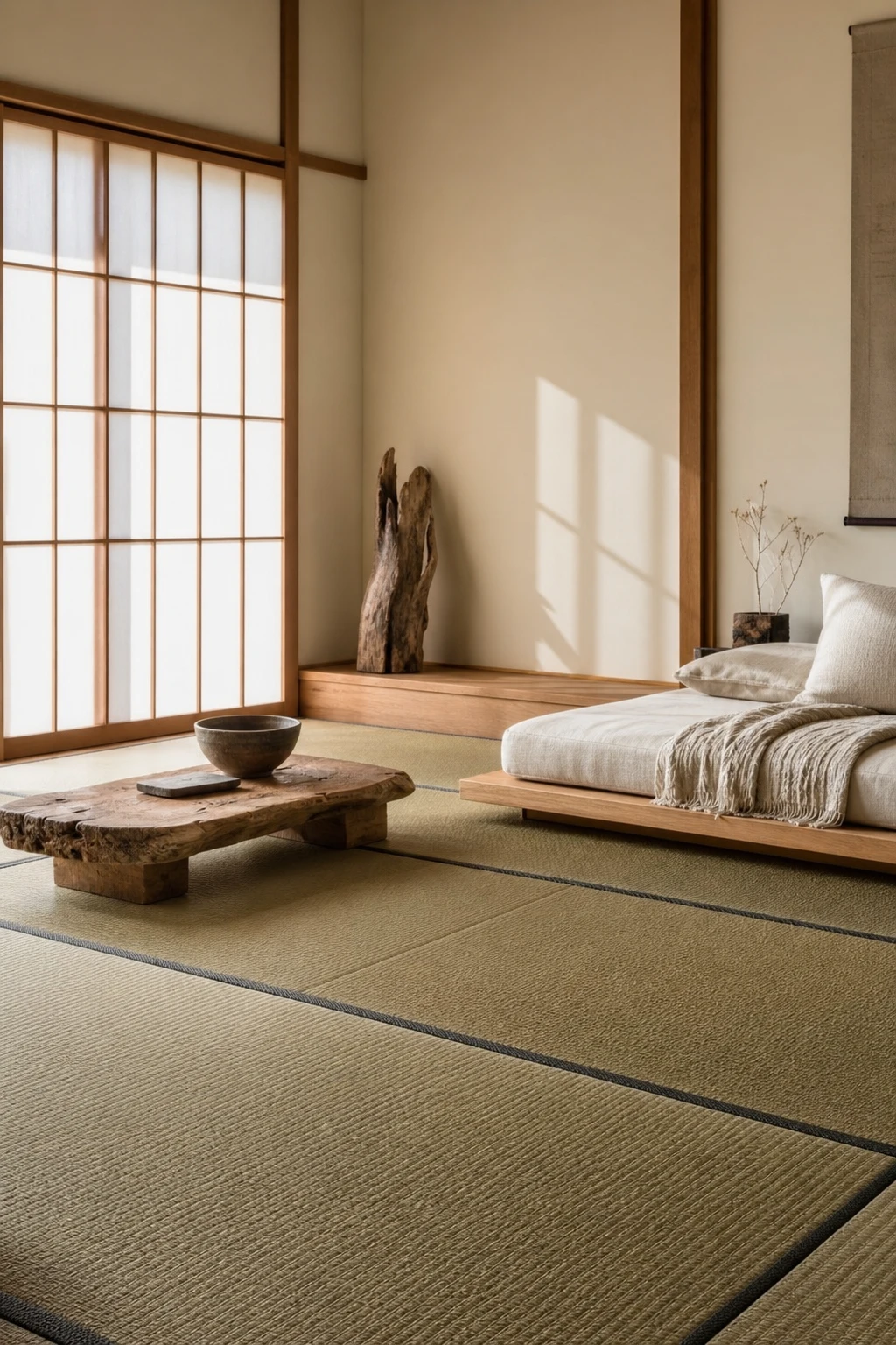 Japanese coastal interior with a tatami room hero, woven mat flooring, shoji screens, low platform bed, driftwood accent wall and cool neutral walls in soft afternoon light