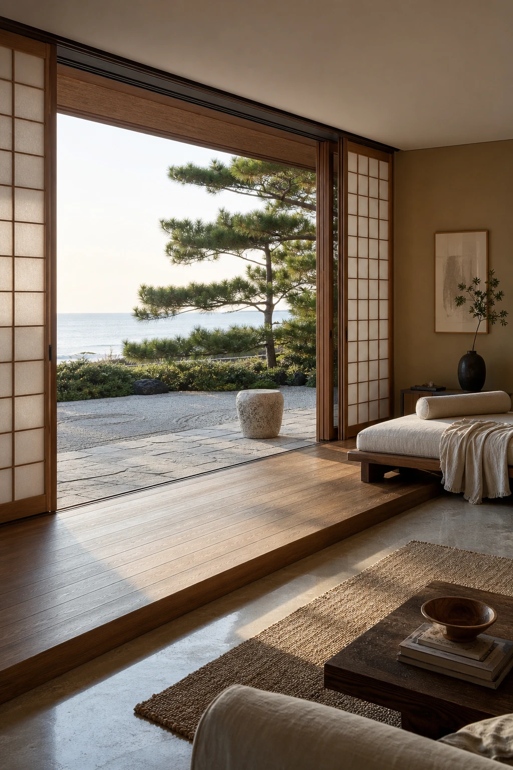 Japanese Coastal interior with an engawa transitional zone, warm neutral walls, sliding shoji screens, woven matting, and soft morning light flowing from garden to room