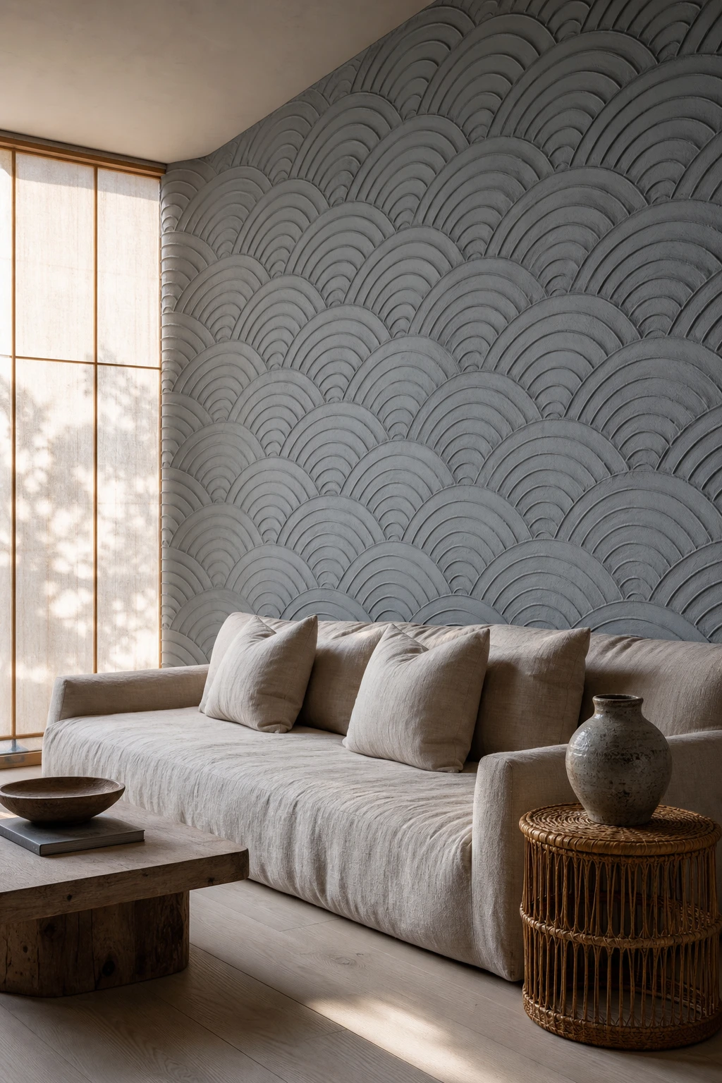 Japanese coastal interior with geometric wave pattern as hero detail on a curved plaster wall painted Farrow & Ball Parma Gray beside natural linen seating and rattan accents