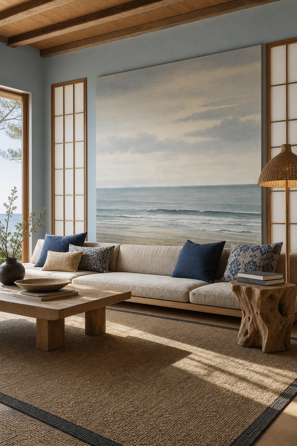 Japanese coastal interior with oversized ocean landscape artwork as hero, soft blue walls, natural rattan, shoji screen panels, and driftwood accents in warm afternoon light