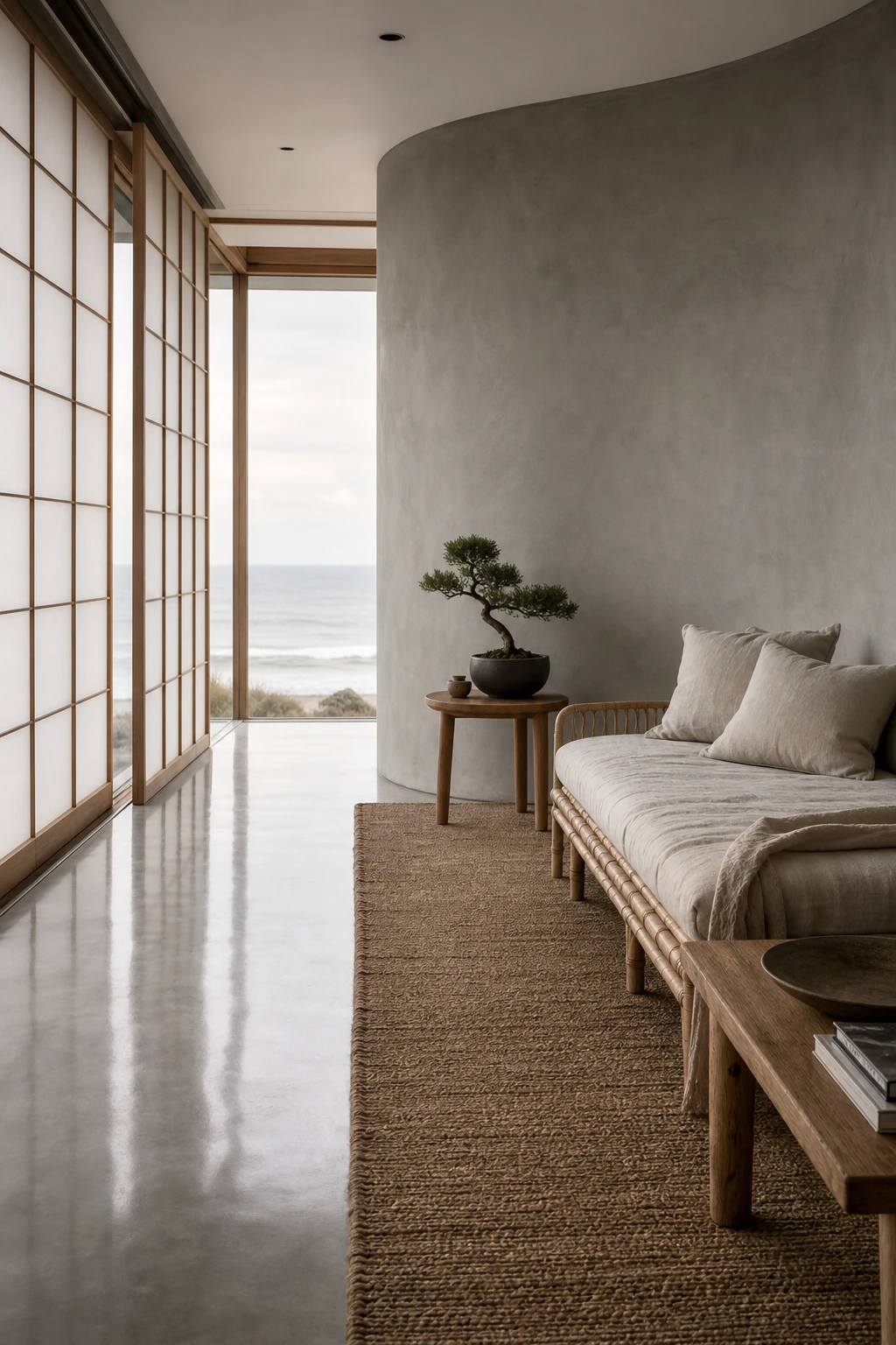 Japanese coastal interior with polished concrete floors and walls, soft coastal light, rattan furniture, shoji screens, and Farrow & Ball Dimpse paint on the accent wall