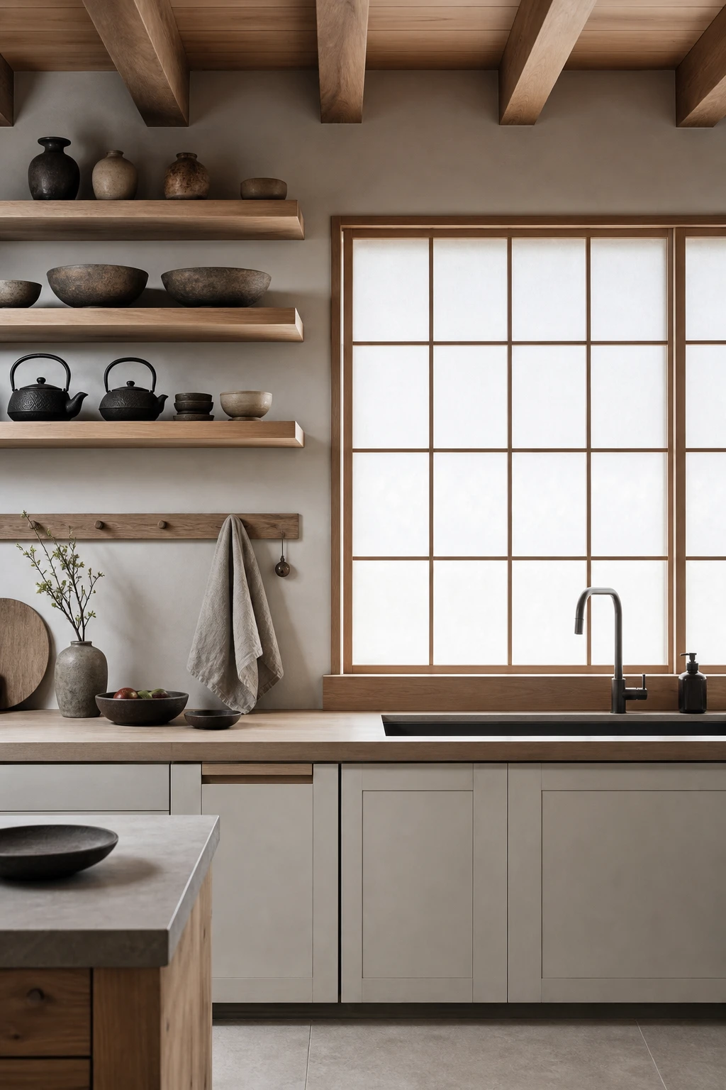 Japanese coastal kitchen with shoji screened windows, handcrafted ceramic vessels, open timber shelving, and Farrow and Ball Hardwick White cabinetry in calm natural light