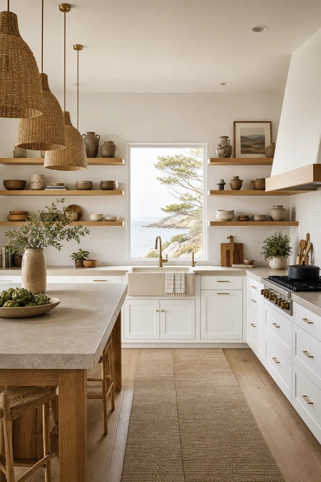Japanese coastal kitchen with white shaker cabinets, warm oak wood open shelving, stone countertops, rattan pendants and natural light from a wide window