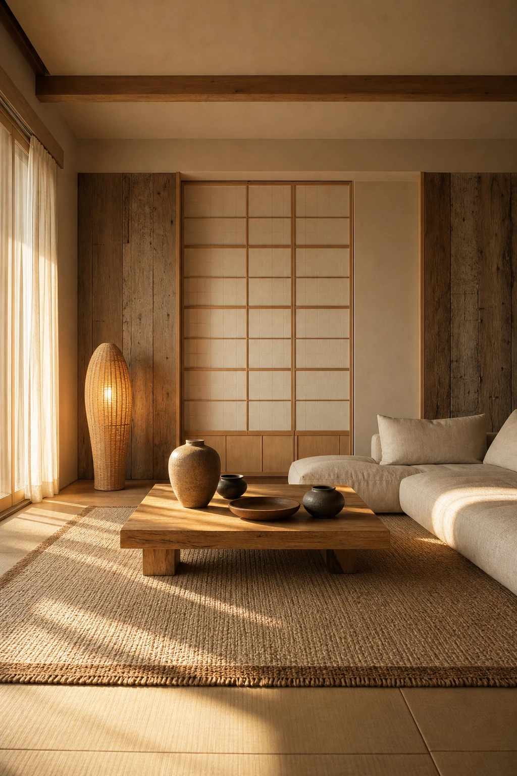 Japanese coastal living room with earthy tones, raw linen sofa, wabi sabi ceramic vessels, rattan floor lamp and Farrow and Ball Drop Cloth walls in warm afternoon light