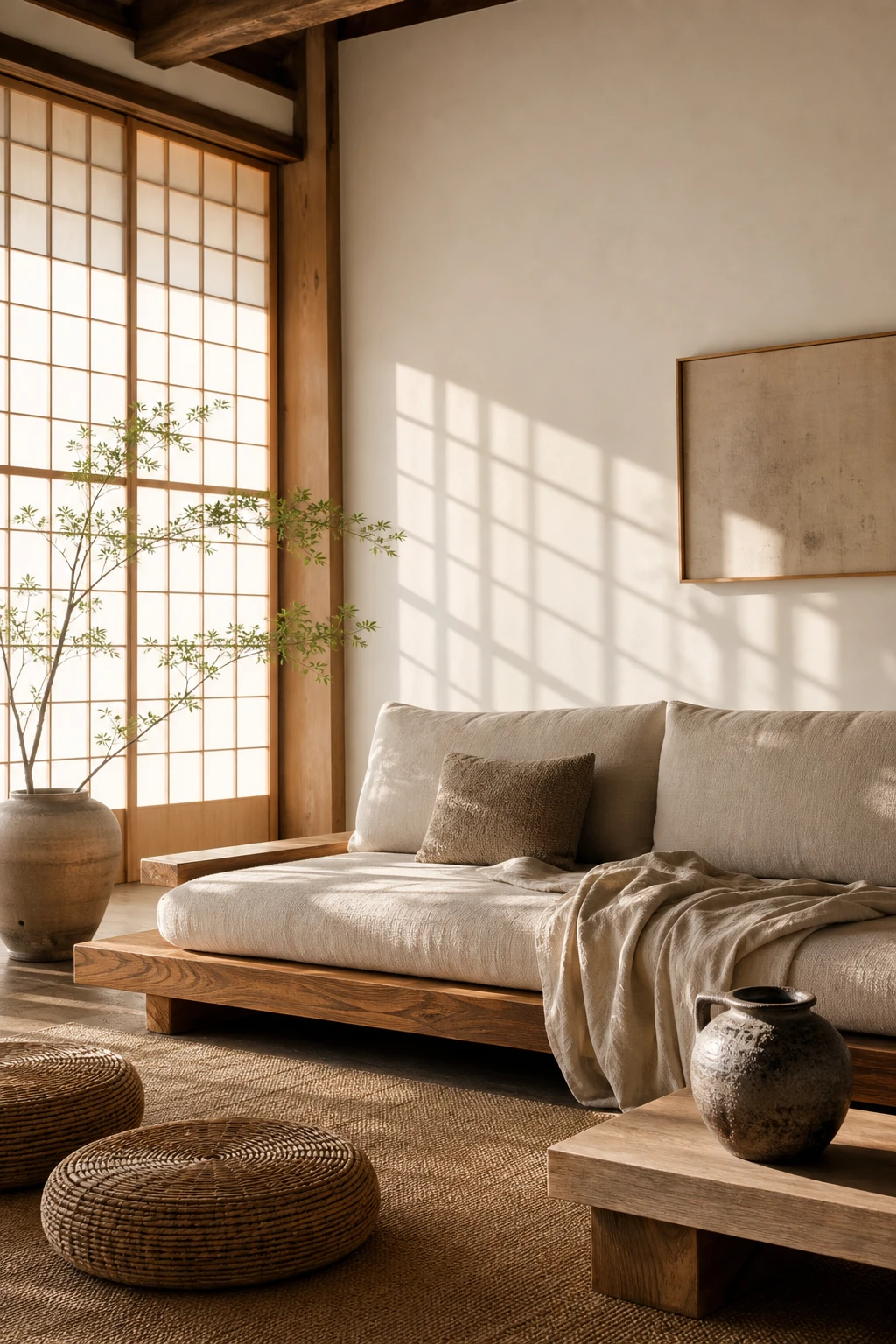 Japanese coastal living room with low timber sofa, woven cushions, shoji screen, and Farrow and Ball Strong White walls in soft morning light